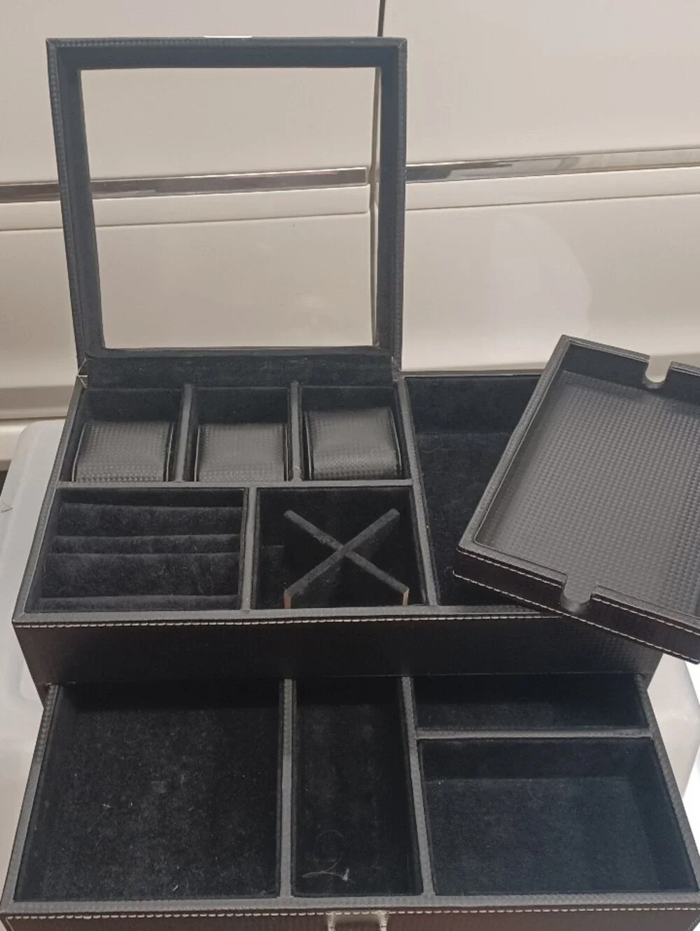 Black Leather Dresser Valet & Watch Box- Carbon Fiber Design